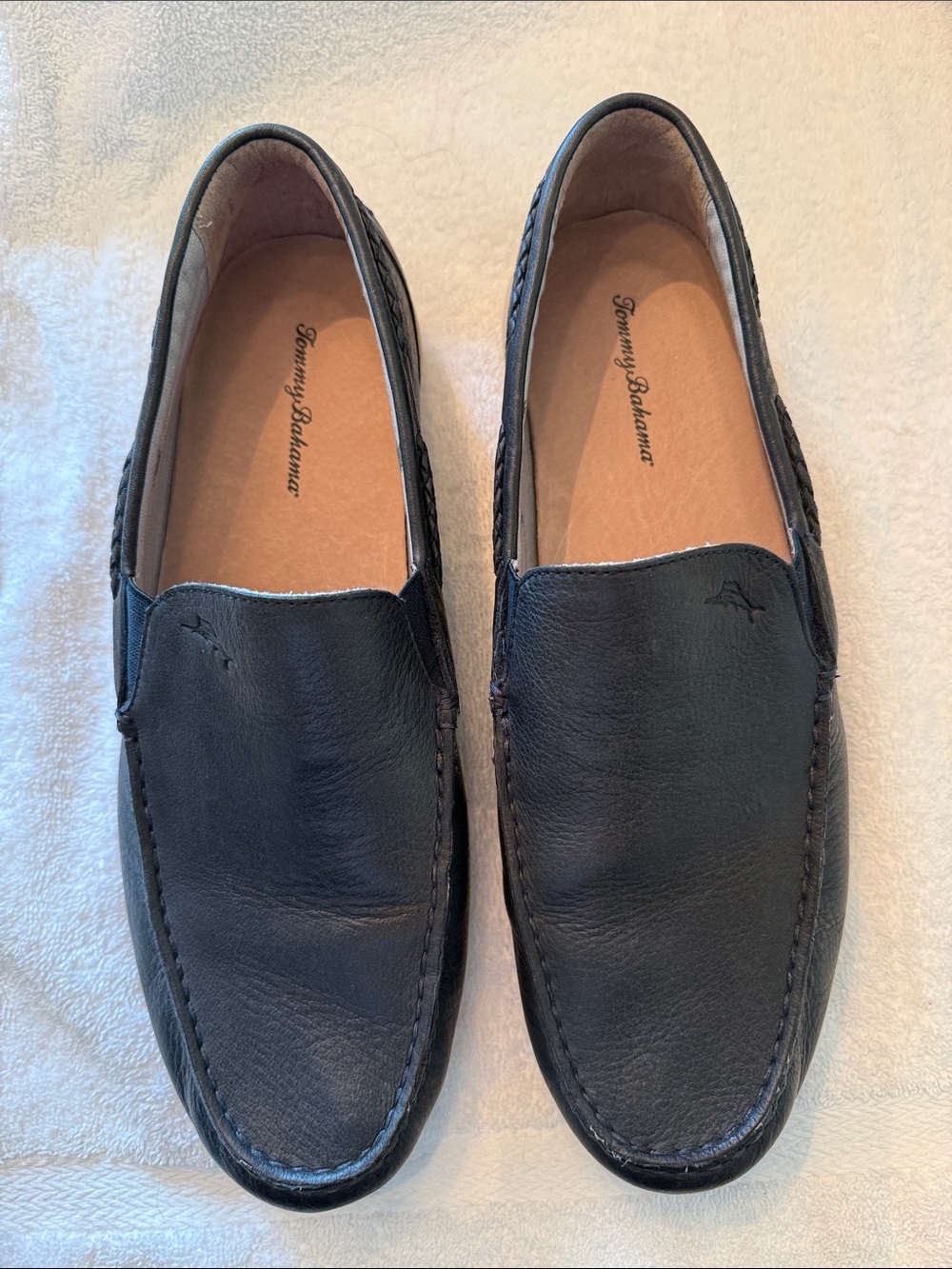Tommy Bahama Black Leather Slip-On Loafers with Tan Insole